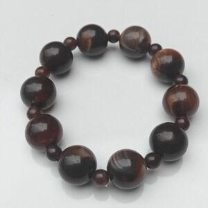 Dark Brown Marbled Beaded Chunky Stretch Bracelet Polished Round Earthy Boho